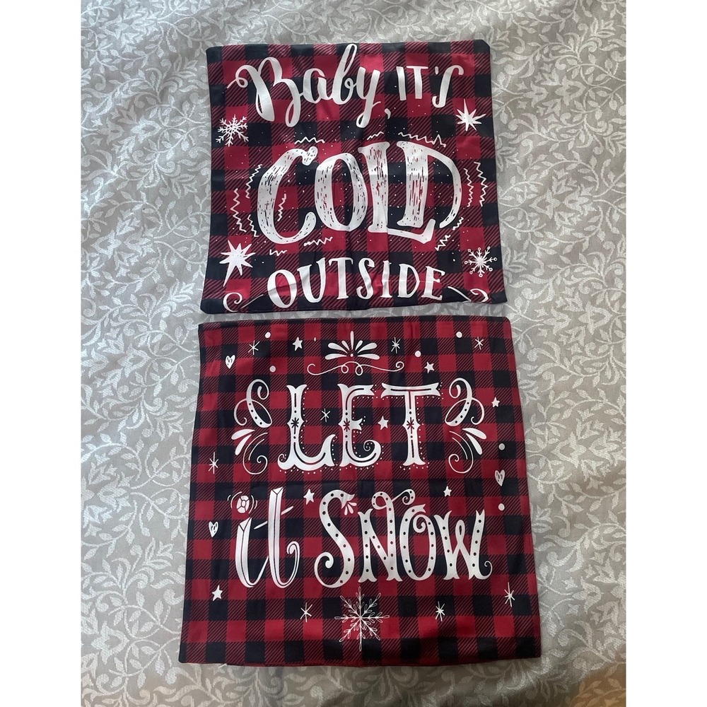 Christmas Buffalo Plaid Pillow Covers Set of 2 Red Black Let It Snow 18x18 (B42)